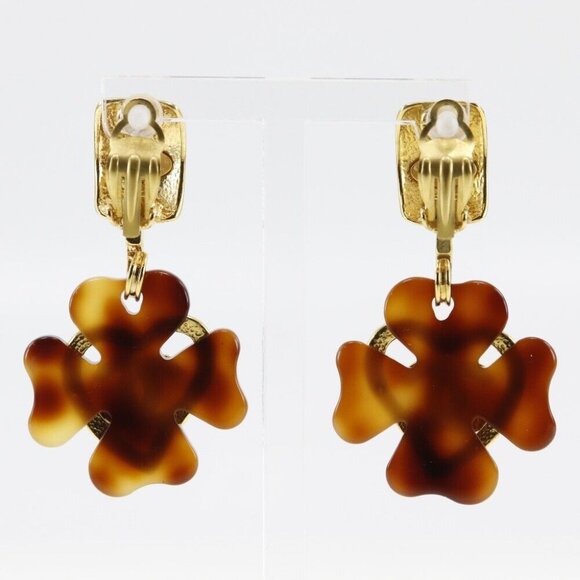 CHANEL COCO Mark Heart Earring Clover vintage Brown Plated Gold/plastic he... - Picture 15 of 15